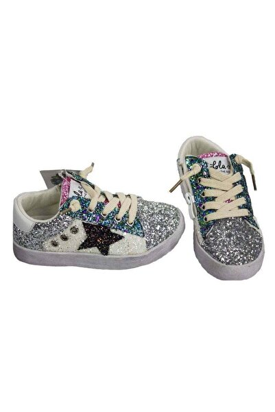 PETIT-ATELlER Girls Multicolor Glitter Star Sneaker Silver Gold Iridescent Lo...