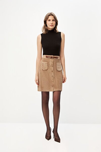 shnwomen Camel Kadife Klapalı Etek