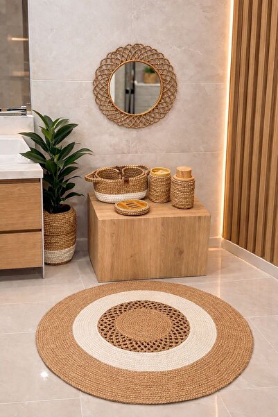 home inn Bohemian Style Bathroom Set |   Round Rug Mirror with Mesh Frame, Ba...