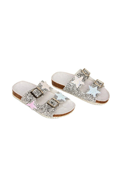 PETIT-ATELlER Girls Silver Glitter Star Print Double Buckle Cork Footbed Kids...