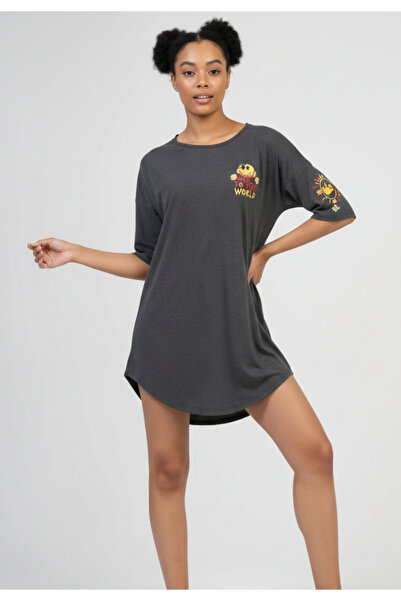 VİENETTA Black lounge dress, 3/4 sleeves, "Smile to the world" print