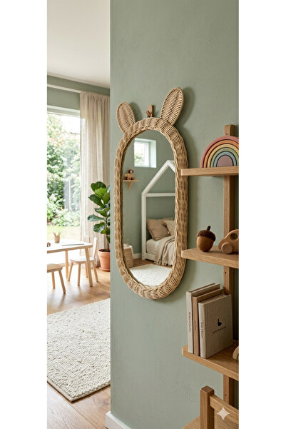 Niobehome 30x60 Rattan Bambu Çocuk Odası Kulaklı Boy Aynası
