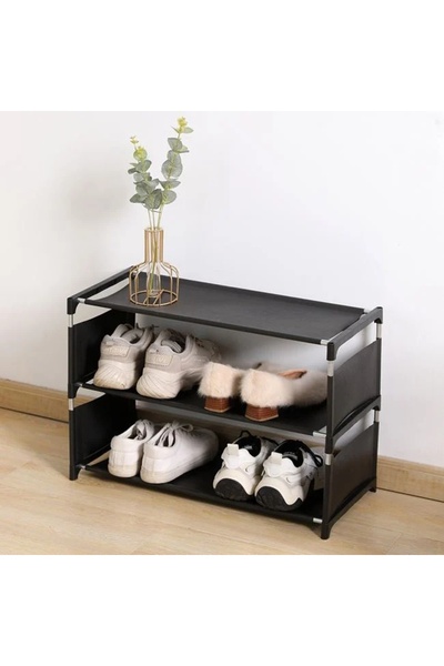 ELITECOMMERCEMARKET Black Textile Shoe Rack with 3 Levels 57x28x34cm