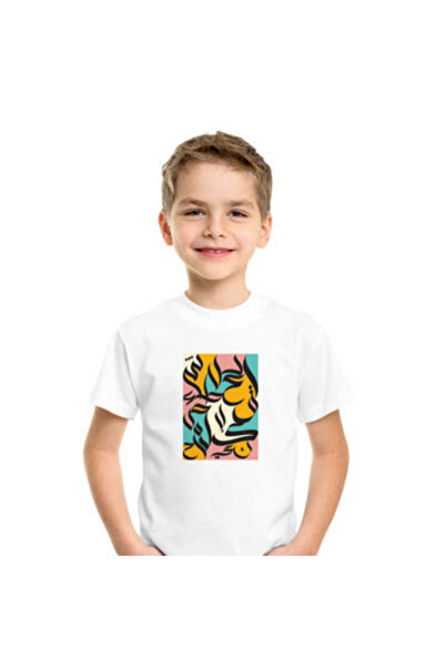 Printoot تيشيرت أبيض قطن بأكمام قصيرة للأطفال، مزين بخطوط عربية تجريدية وفن ا...