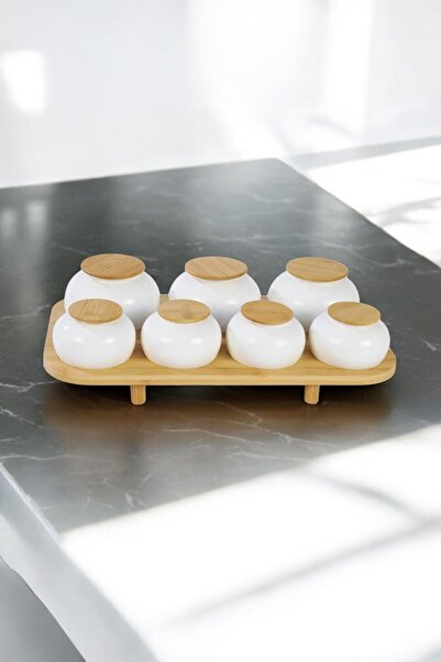 ALBETTO 7-Piece Porcelain Spice Set with Bamboo Stands, Spice Container