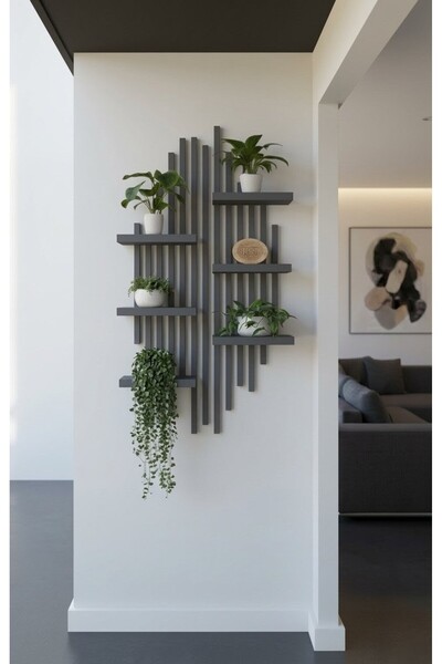 Ev dekka Ahşap Dekoratif Duvar Rafı - 120x60 cm Modern Çıtalı Çiçeklik - Antr...