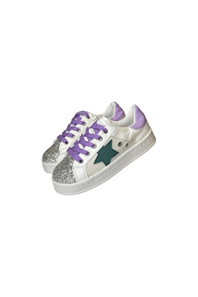 PETIT-ATELlER Kids White Glitter Toe Cap Sneaker Purple Lace Up Star Patch Lo...