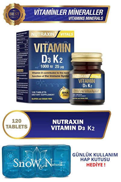 Nutraxin D3 ve K2 Vitamini İçeren Takviye Edici Gıda 120 Tablet + Hap Kutusu ...