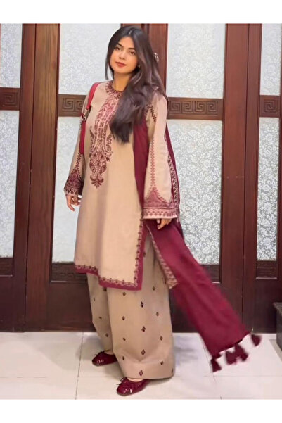 MYSMAR طقم بيج من قماش جورجيت صناعي (بلوزة وبنطال وشال) - HRT5524 | بيج