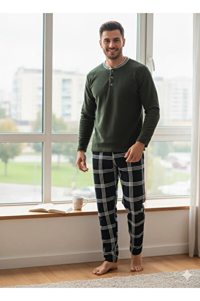 Sude Men's khaki and navy checkered fleece pajamas with buttoned neckline