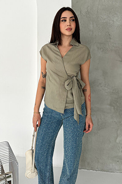 Noa&Noa Women's Double-Breasted Tie-Detail Blouse – Black V-Neck Stylish Blouse