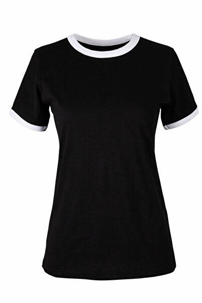 trender Basic Piped O Neck Black Women's T-Shirt 26Ydt1000001