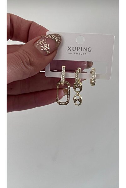 XUPING JEWELRY KUYUMCU SERİ 14K RENGİ ZİRKON TAŞLI DÜĞME 3LÜ ÇELİK KÜPE SETİ