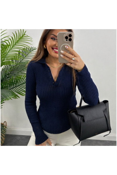 Mars Polo Yaka Tül Örgü Transparan Detaylı İnce Triko Kazak