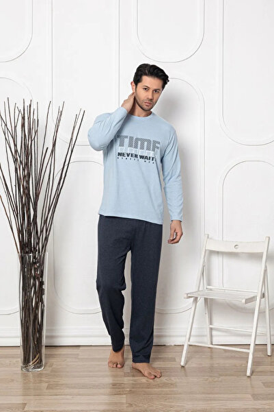 Ercan Men's Cotton pajamas, long sleeves and long pants, Time Never Waits pri...