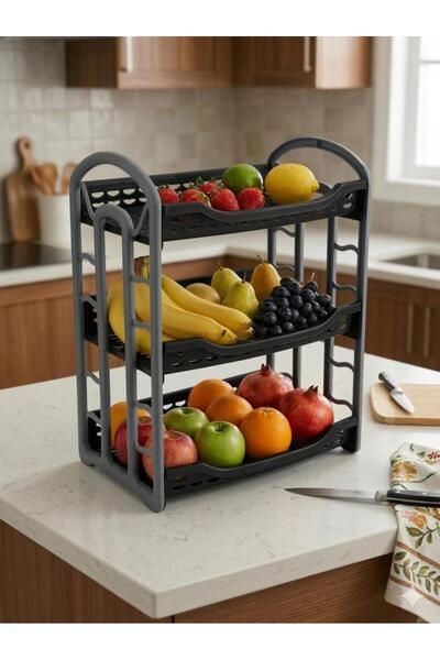 abnturk 3 Katlı Mutfak Düzeni Fonksiyonel Sepet Siyah & Gri Modern Meyvelik S...