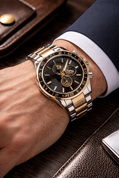 MODA MANANI Men's Wristwatch Black Dial Gold Color Detailed 3-Indicator Model