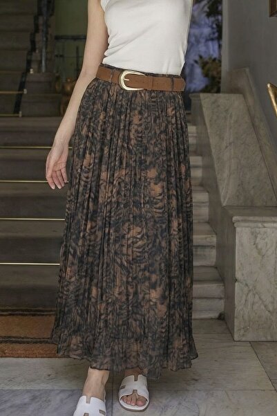 Suziş Elastic Waist Kem Belt Piled Chiffon Skirt 3375