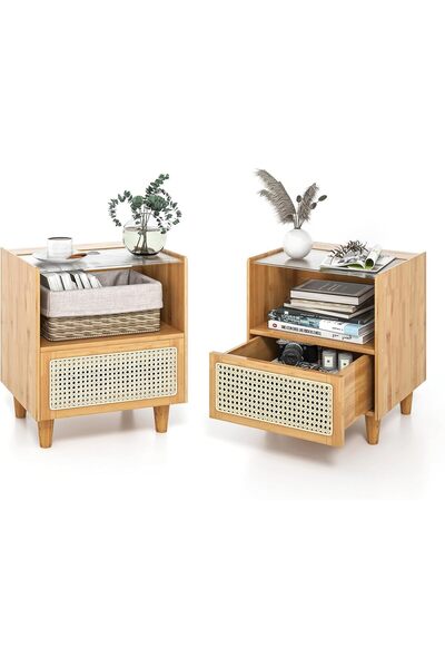 COSTWAY Noptieră din ratan, noptieră din bambus , masă laterală pentru canape...