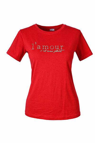 trender تي شيرت نسائي من L'Mour مكتوب عليه O Neck باللون الأحمر الداكن 26YDT1...