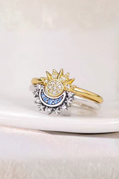 Parantez Aksesuar خاتم مزدوج قابل للتعديل بتصميم الشمس والقمر للنهار والليل م...