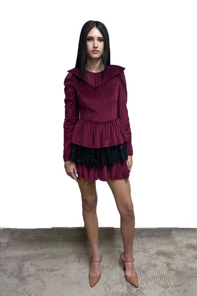 Bordo ve Siyah Katmanlı Mini Elbise