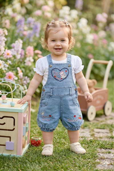MYZİ STORE Girl's Denim Overalls – Embroidered Heart and Strawberry Patterned...