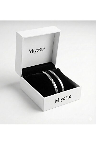 Miyoste Gümüş Renk Unisex İtalyan İkili Çelik Bileklik Seti