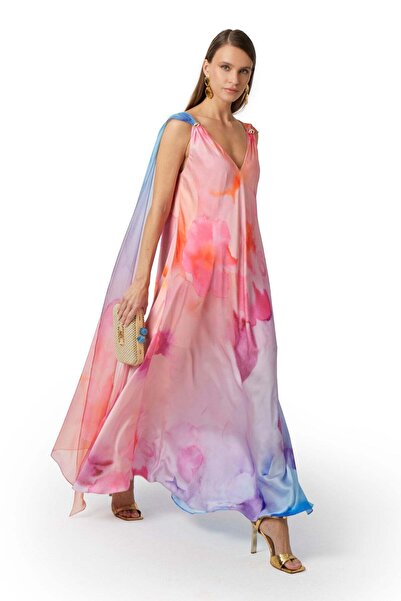 EXPLOSION Saten Şifon Pelerin Detaylı Maxi Elbise