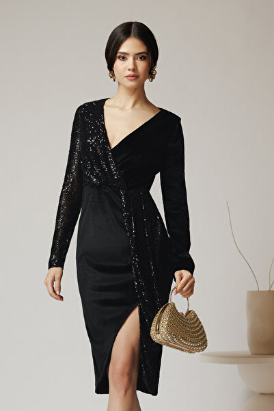 DyFashion Rochie eleganta din catifea neagra cu paiete pe o parte