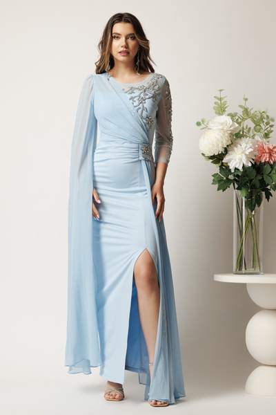 DyFashion Long blue Scuba Fabric dress with rhinestones and tulle