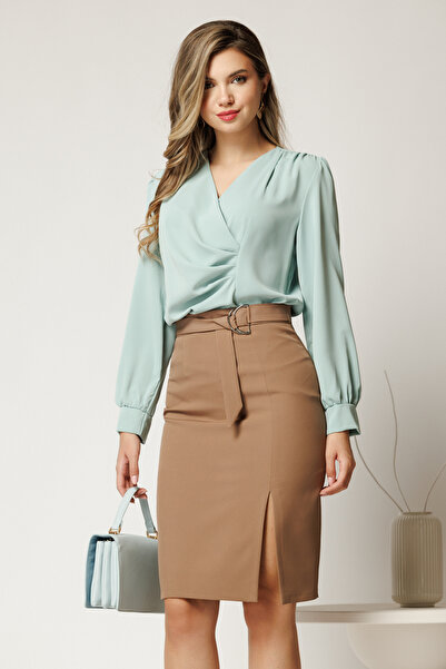 DyFashion Elegant mint green blouse with V-neck and ruffles