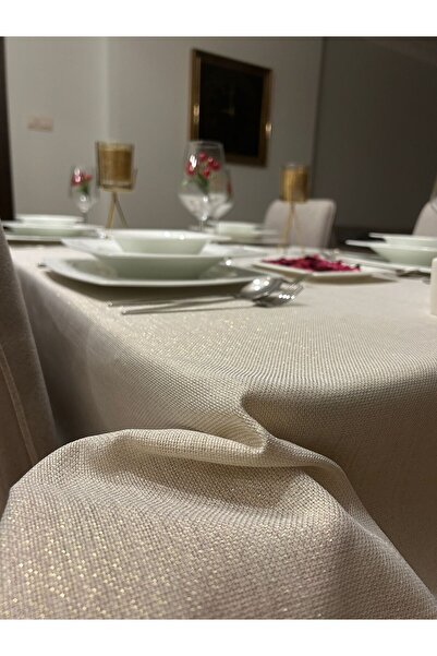 Zeren Home Elite Masa Örtüsü + Runner Takım | Lekeye Dayanıklı Simli Gold