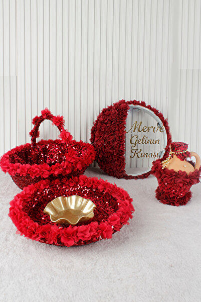 Mortex Bordo Lüx Pullu Sepet Takımı, Ledli Tef, Testi 5'li Set - Kına Düğün N...