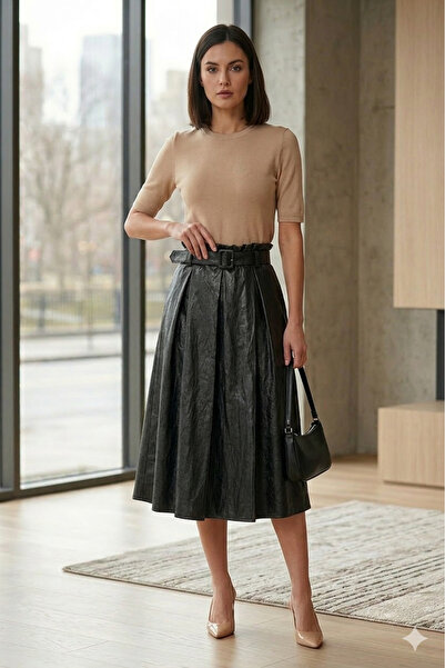 OEM Cream midi skirt made of eco- Leather – plus size, Elastic Waist and Belt...