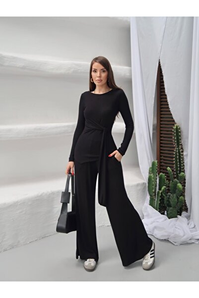 Mars Siyah Buzzy Kumaş Bel Bağlama Detaylı Bluz - Geniş Paça Pantolon Relax T...
