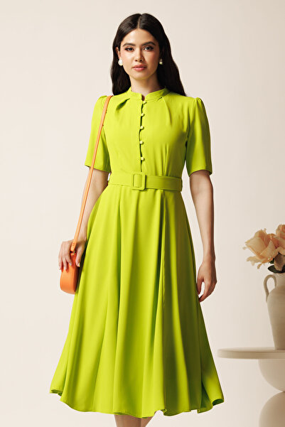 DyFashion Rochie DY Fashion midi lime in clos din triplu voal cu nasturi la b...