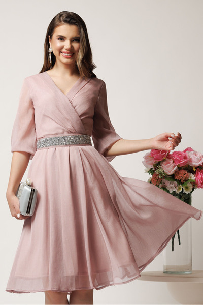 DyFashion Julia pink midi dress in closo with lurex thread and rhinestone cord