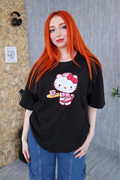 Gofeel Kitty Coffee Detail Unisex Oversize Fit T-Shirt