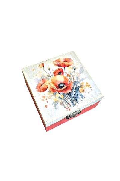 CrisArtDeco Square Wooden Box with Poppies