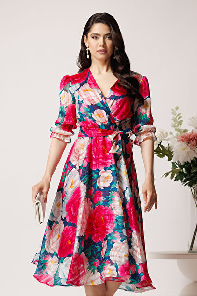 DyFashion Rochie midi fucsia cu trandafiri din voal in clos cu cordon in talie