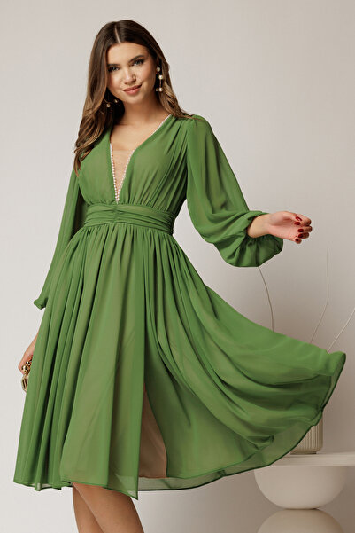 DyFashion Rochie DY Fashion midi din voal verde in clos cu perle si tull la d...