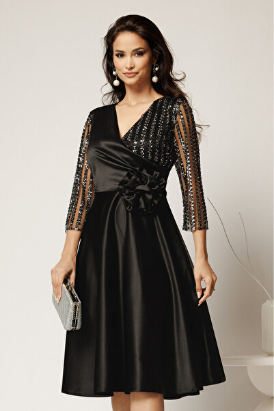 DyFashion Azalea midi black taffeta dress with sequins at the bust and maxi b...