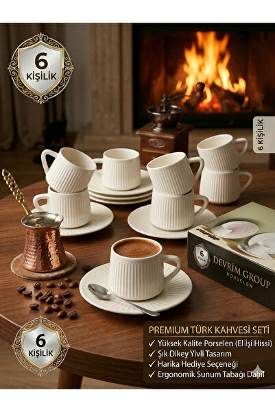 devrimgroup Modern Tasarım Çizgili 12 Parça Kahve Fincan Seti - Mat Beyaz