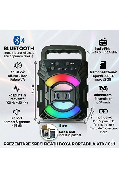 OEM Portable Bluetooth Speaker KTX-1057, 5W, FM Radio, USB/SD, RGB LED, 3" Sp...
