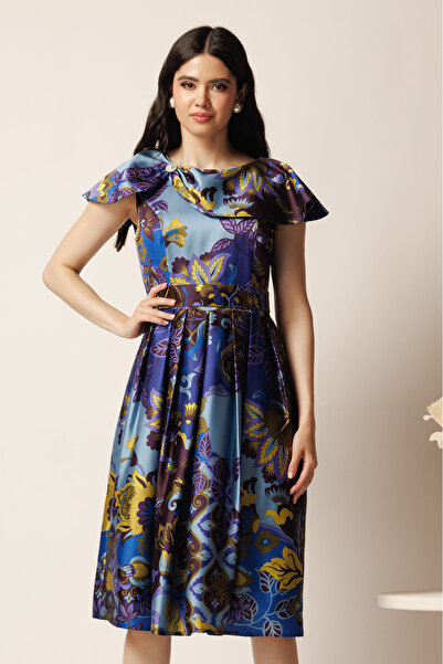 DyFashion Blue taffeta midi dress with yellow prints and drawstring at the waist