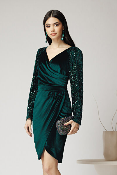 DyFashion Rochie Ella Collection Alison eleganta din catifea verde cu paiete ...