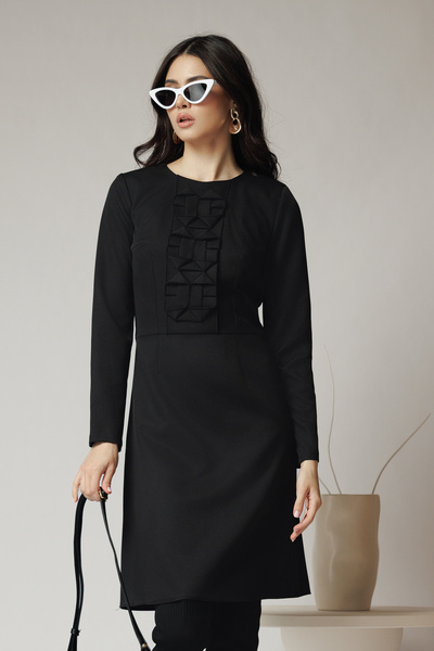 DyFashion Rochie Moze office din stofa neagra cu flori la bust