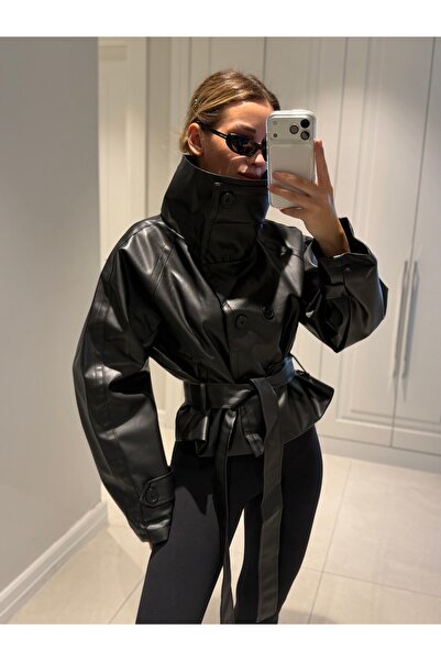 NET OF NOT Yeni Sezon Siyah Kruvaze Dik Yaka Düğmeli Kemerli Kadın Deri Ceket