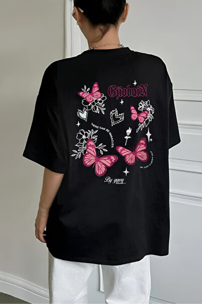 Gofeel Ophella Black Unisex Sırt Printed Vintage Butterfly Miracles T-Shirt